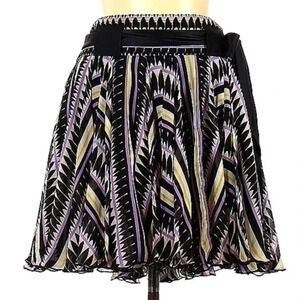 BeBe 100% Silk Skirt Purple Yellow Belted Size 10 Bohemian Aztec Tribal Vibes